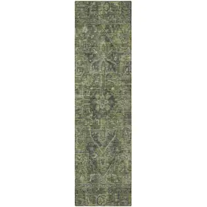 Photo of 8' Runner Moss Green and Gray Oriental Washable Non Skid Indoor Outdoor Runner Rug