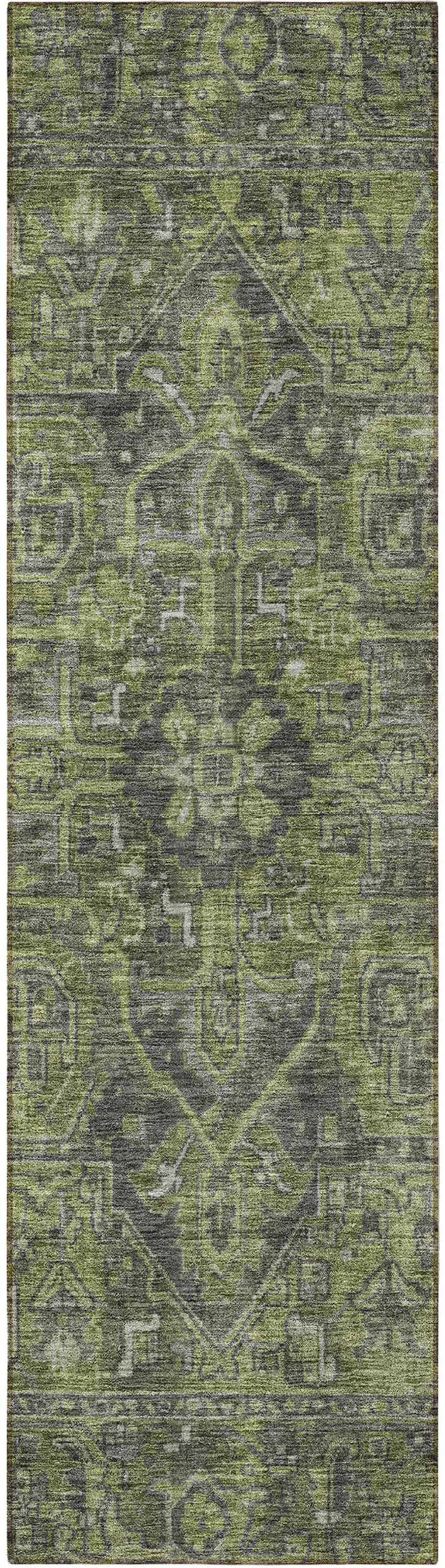 8' Runner Moss Green and Gray Oriental Washable Non Skid Indoor Outdoor Runner Rug Photo 4
