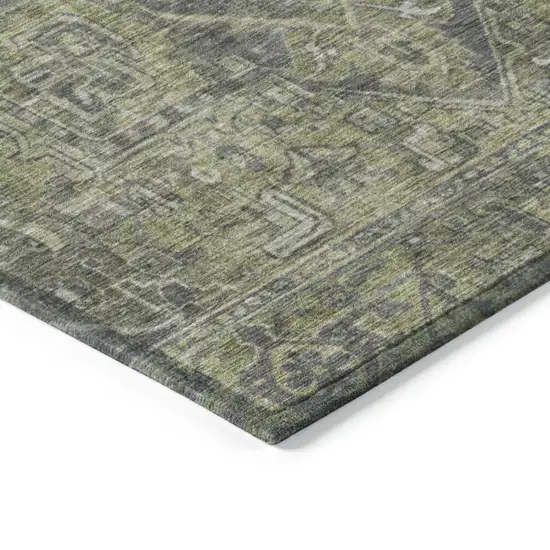 Moss Green and Gray Oriental Washable Non Skid Indoor Outdoor Runner Rug Photo 7