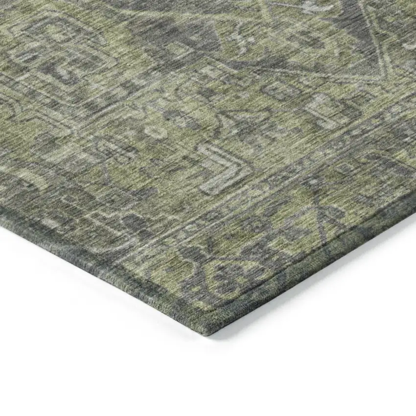Moss Green and Gray Oriental Washable Non Skid Indoor Outdoor Runner Rug Photo 7