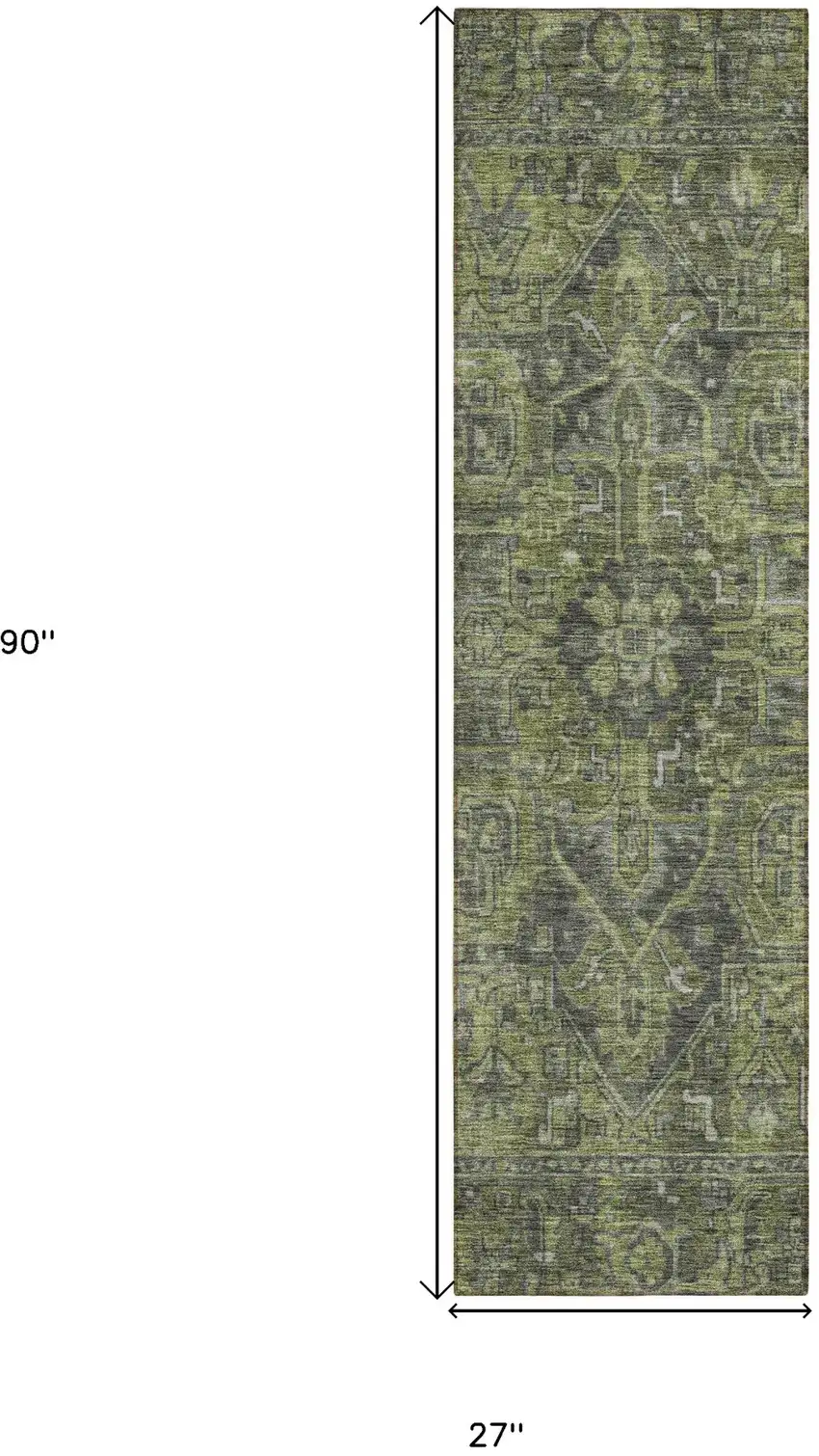 8' Runner Moss Green and Gray Oriental Washable Non Skid Indoor Outdoor Runner Rug Photo 3