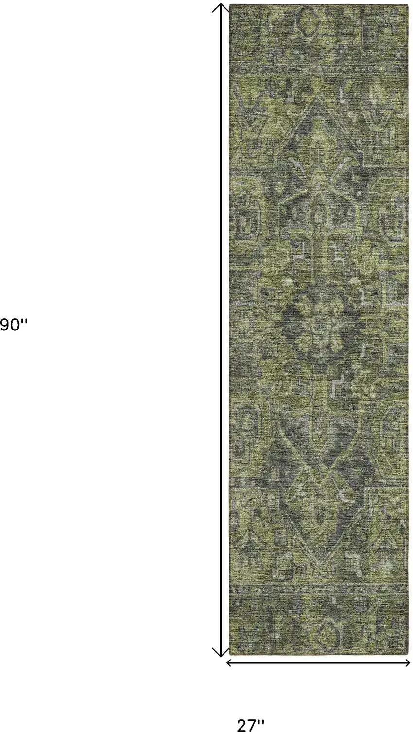 8' Runner Moss Green and Gray Oriental Washable Non Skid Indoor Outdoor Runner Rug Photo 3