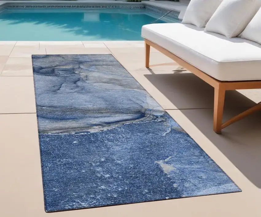 Navy Blue Abstract Washable Indoor Outdoor Runner Rug Photo 1
