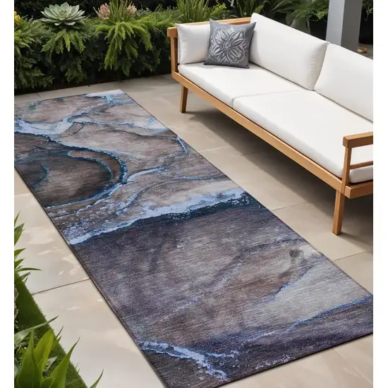 Navy Blue Abstract Washable Non Skid Indoor Outdoor Runner Rug Photo 1