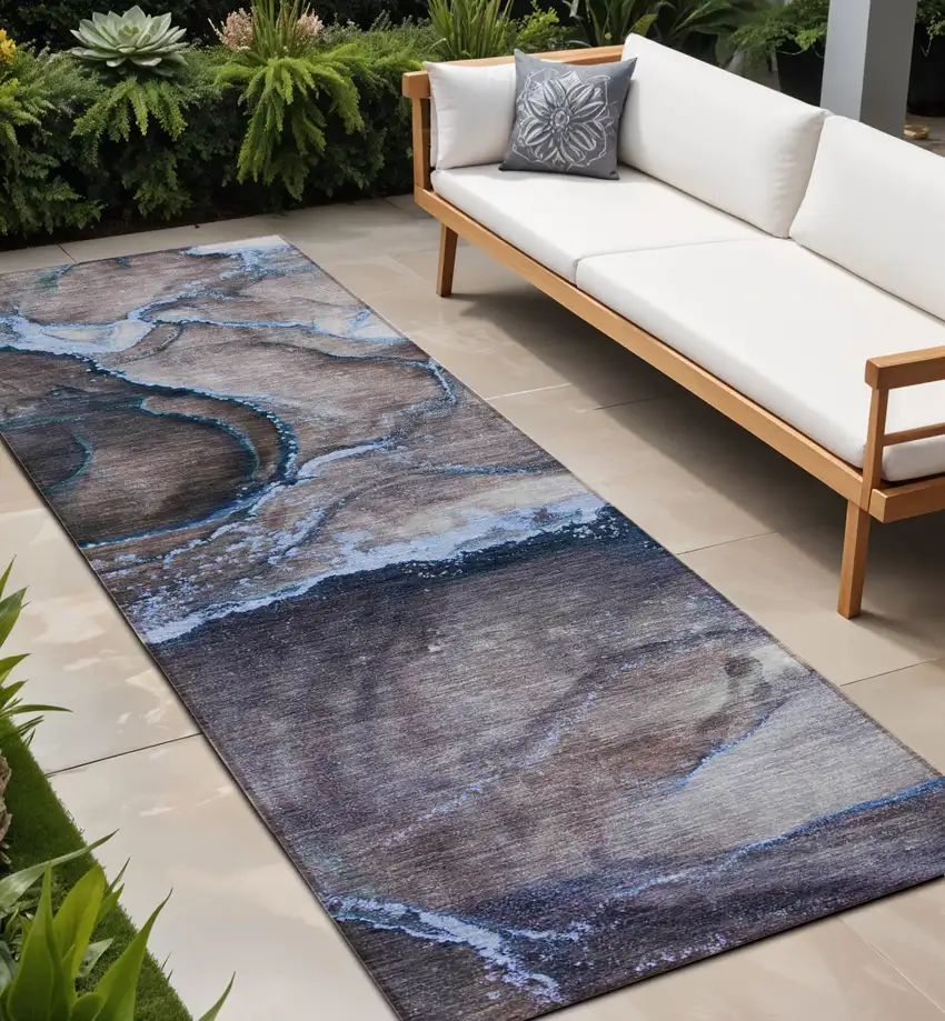Navy Blue Abstract Washable Non Skid Indoor Outdoor Runner Rug Photo 1