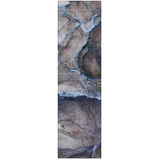 Navy Blue Abstract Washable Non Skid Indoor Outdoor Runner Rug Photo 5