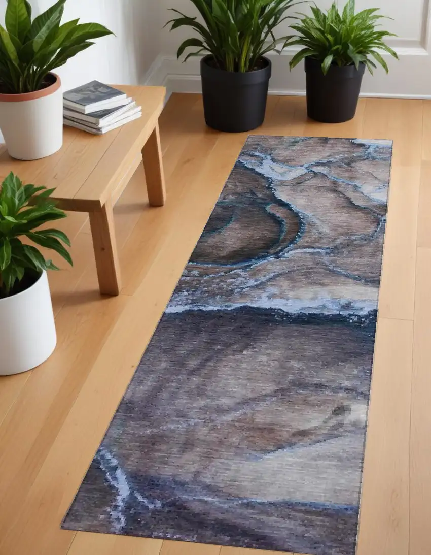 Navy Blue Abstract Washable Non Skid Indoor Outdoor Runner Rug Photo 1