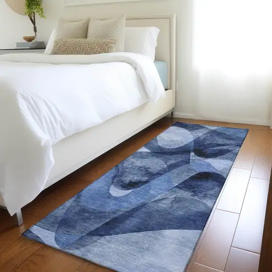 Navy Blue Abstract Washable Non Skid Indoor Outdoor Runner Rug Photo 7