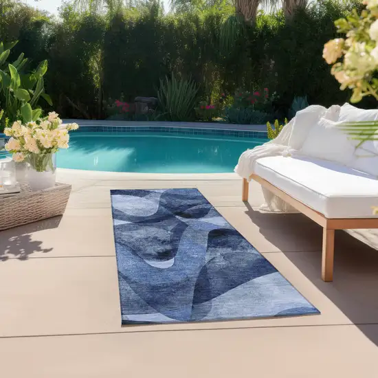 Navy Blue Abstract Washable Non Skid Indoor Outdoor Runner Rug Photo 6