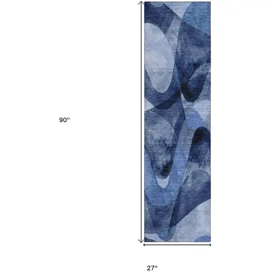 Navy Blue Abstract Washable Non Skid Indoor Outdoor Runner Rug Photo 3