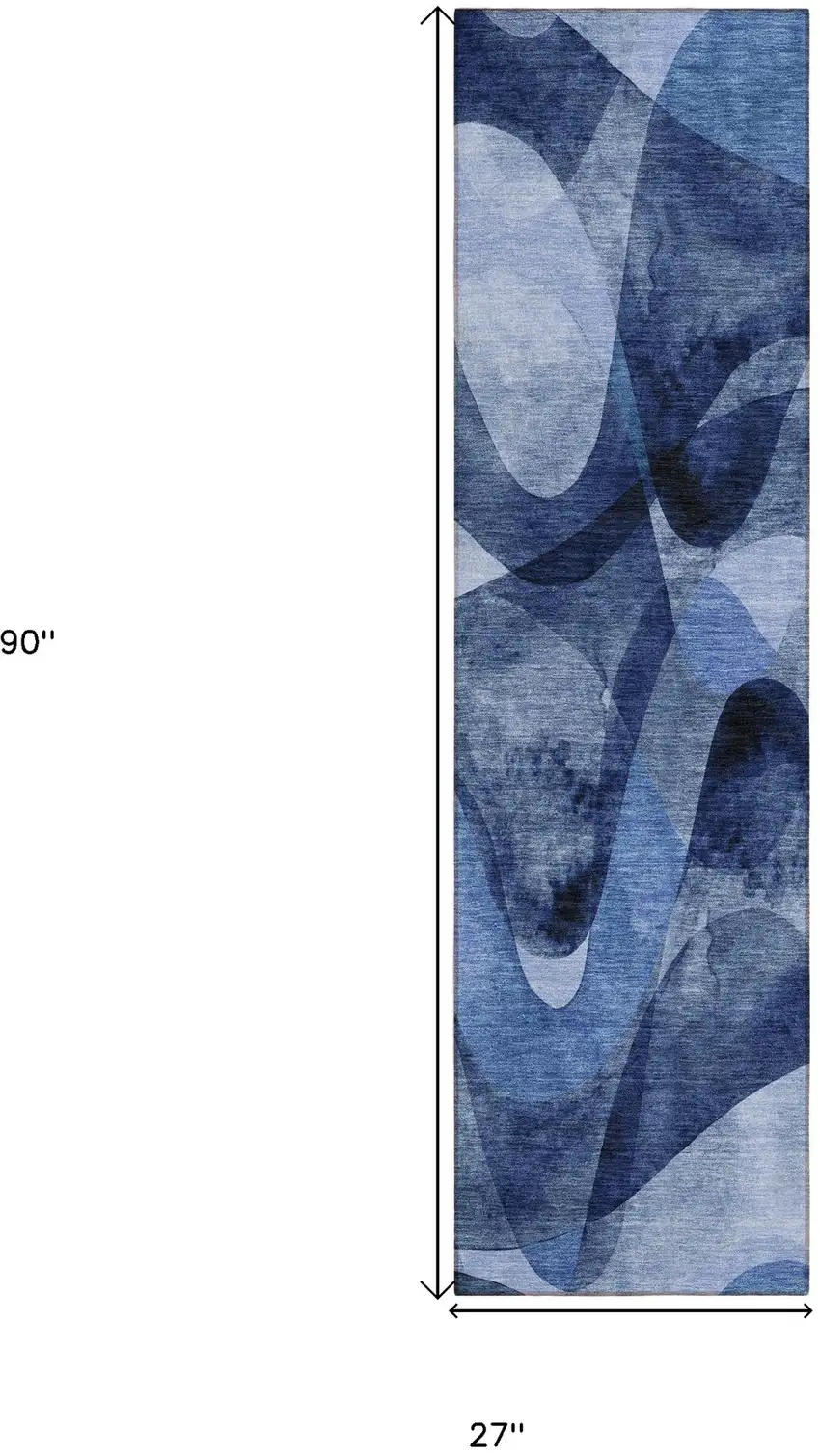 Navy Blue Abstract Washable Non Skid Indoor Outdoor Runner Rug Photo 3