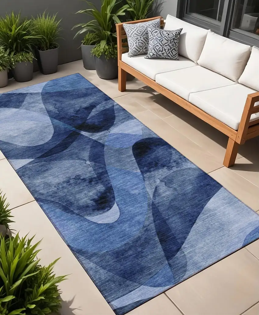 Navy Blue Abstract Washable Non Skid Indoor Outdoor Runner Rug Photo 1