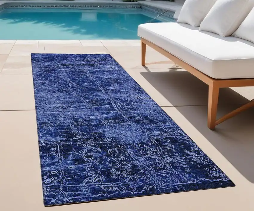 Navy Blue Abstract Washable Non Skid Indoor Outdoor Runner Rug Photo 1