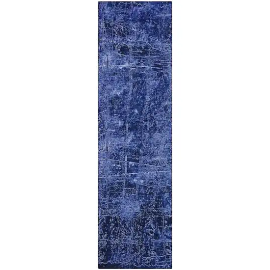 Navy Blue Abstract Washable Non Skid Indoor Outdoor Runner Rug Photo 4