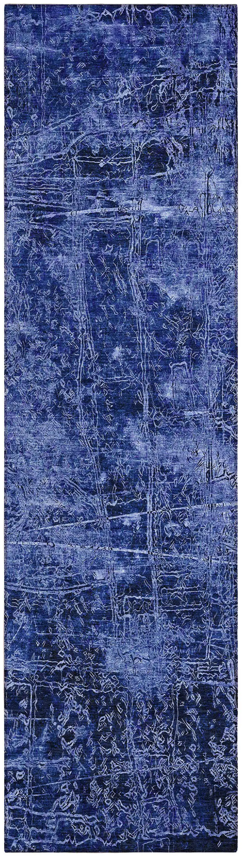 8' Runner Navy Blue Abstract Washable Non Skid Indoor Outdoor Runner Rug Photo 2