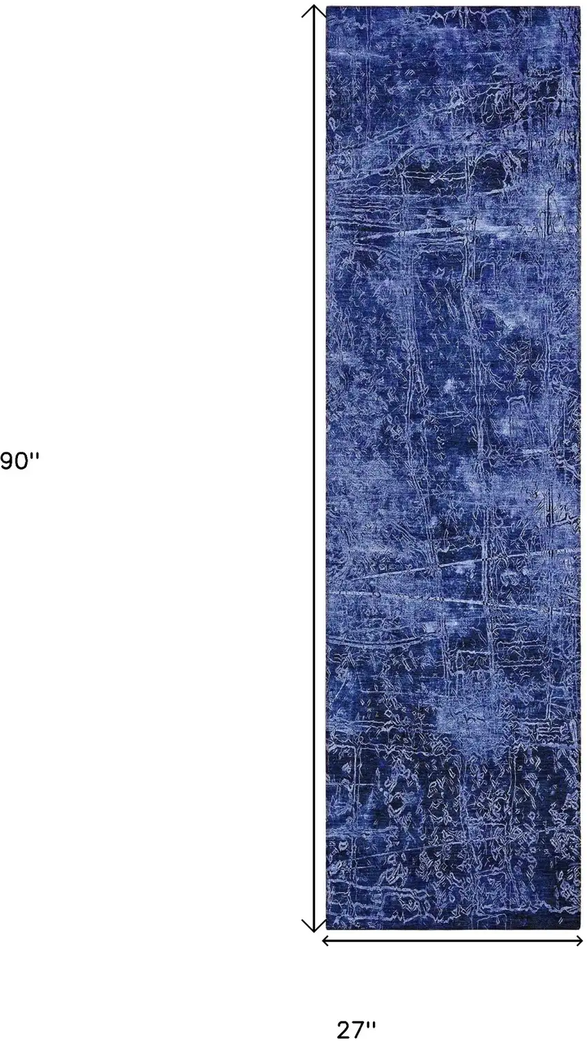 8' Runner Navy Blue Abstract Washable Non Skid Indoor Outdoor Runner Rug Photo 3