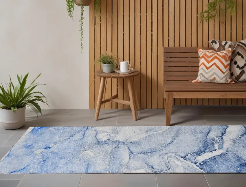 Navy Blue Abstract Washable Non Skid Indoor Outdoor Runner Rug Photo 1