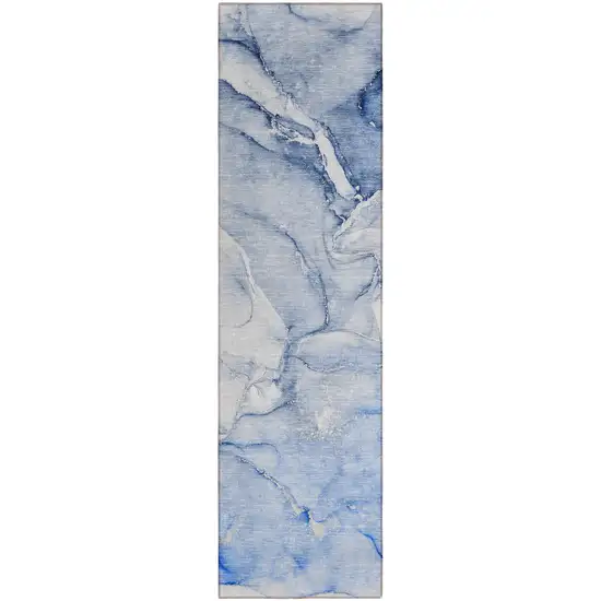 Navy Blue Abstract Washable Non Skid Indoor Outdoor Runner Rug Photo 2
