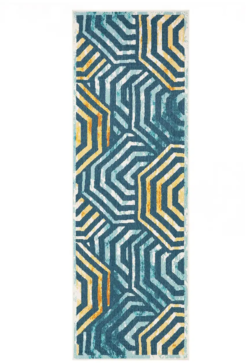 8' Runner Navy Blue- Cream Geometric Stain Resistant Indoor Outdoor Runner Rug Photo 1
