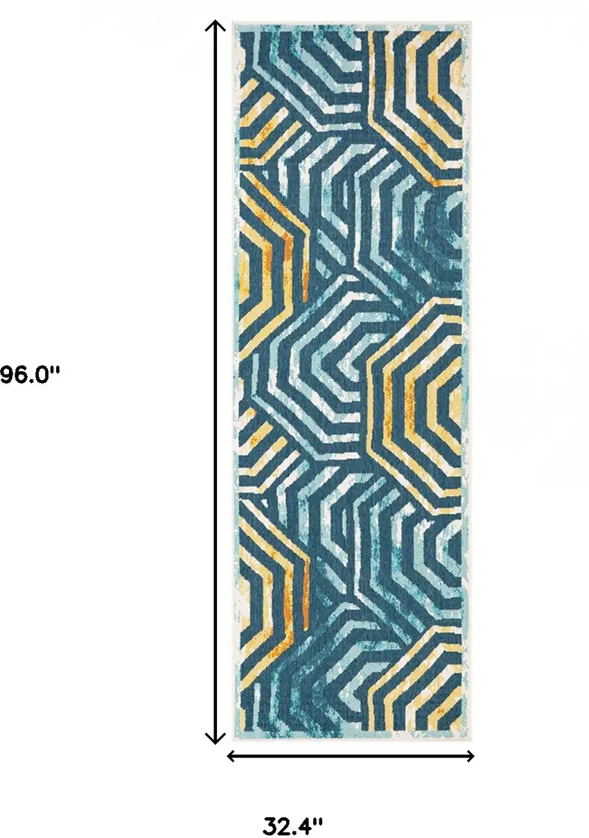 8' Runner Navy Blue- Cream Geometric Stain Resistant Indoor Outdoor Runner Rug Photo 6