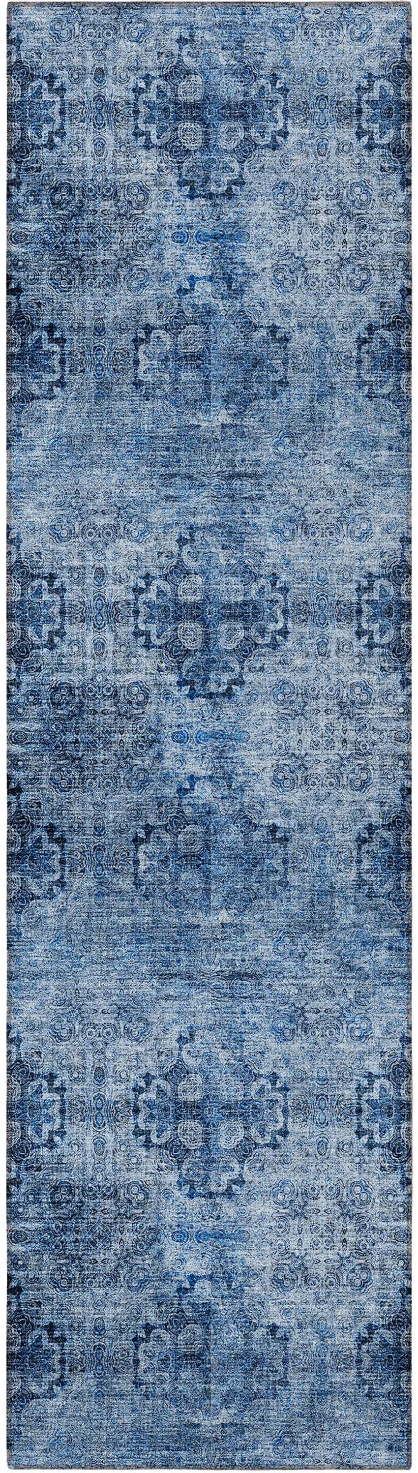 8' Runner Navy Blue Floral Medallion Washable Non Skid Indoor Outdoor Runner Rug Photo 2