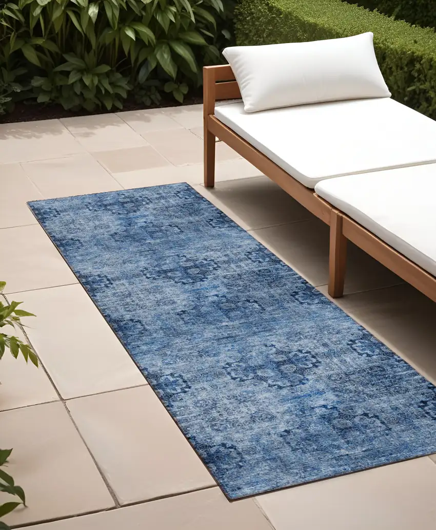 Navy Blue Floral Medallion Washable Non Skid Indoor Outdoor Runner Rug Photo 1