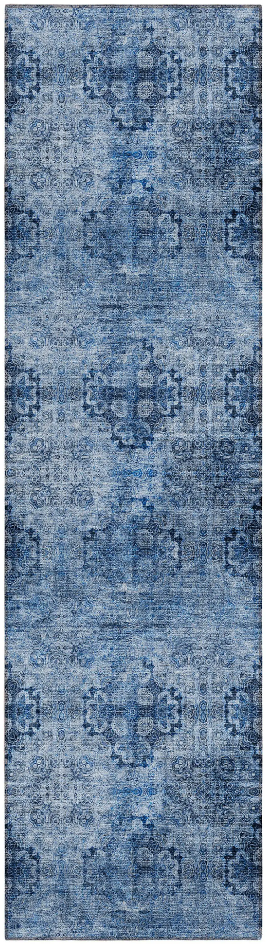 Navy Blue Floral Medallion Washable Non Skid Indoor Outdoor Runner Rug Photo 2