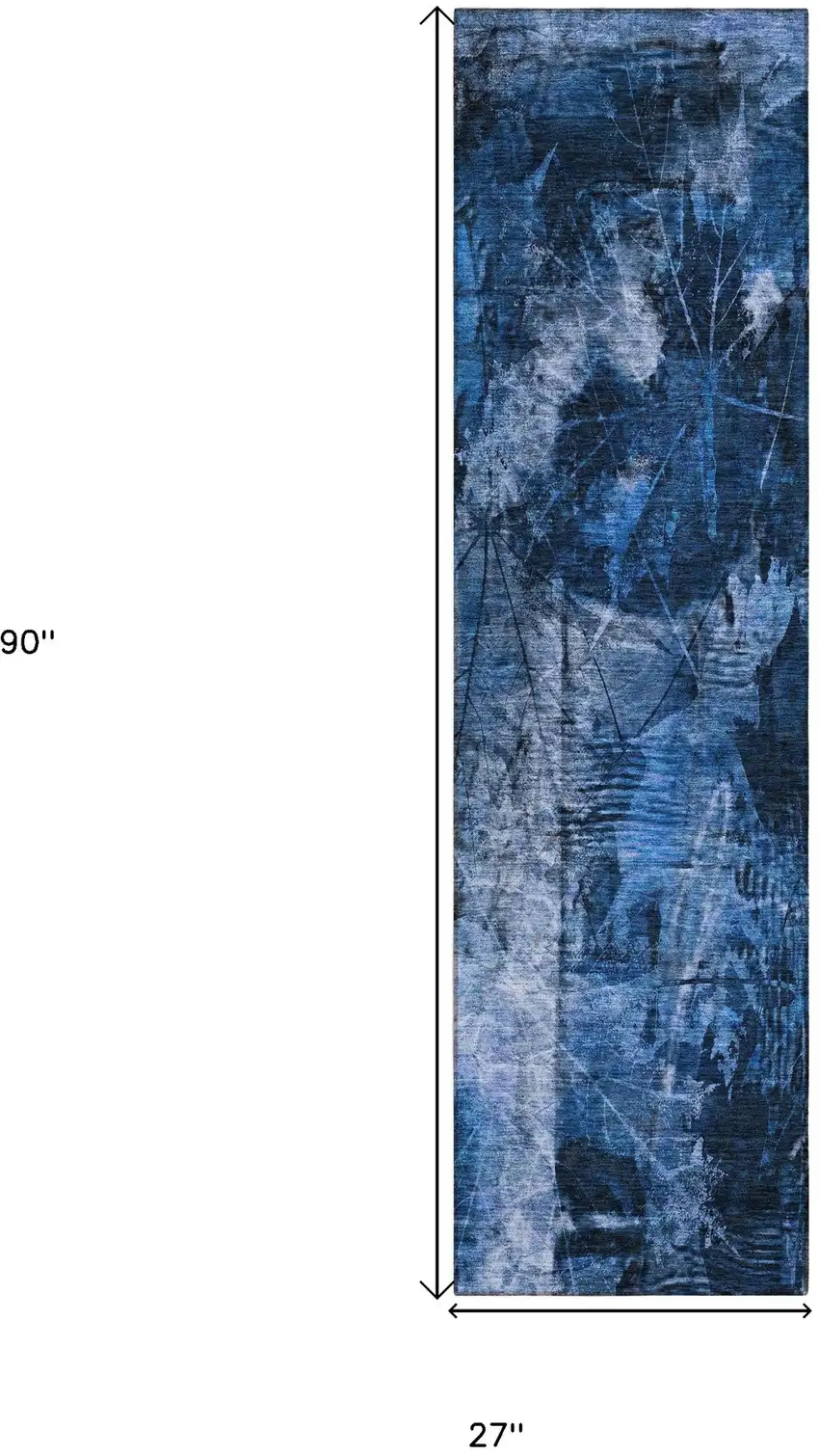 8' Runner Navy Blue Floral Washable Non Skid Indoor Outdoor Runner Rug Photo 3