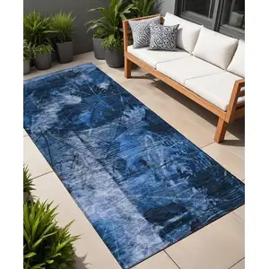 Photo of 8' Runner Navy Blue Floral Washable Non Skid Indoor Outdoor Runner Rug