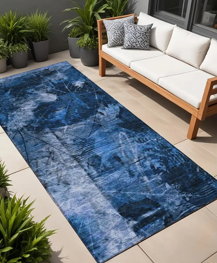 8' Runner Navy Blue Floral Washable Non Skid Indoor Outdoor Runner Rug Photo 1