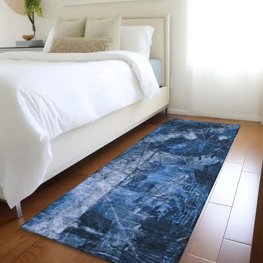 Navy Blue Floral Washable Non Skid Indoor Outdoor Runner Rug Photo 8