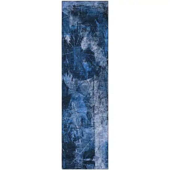 Navy Blue Floral Washable Non Skid Indoor Outdoor Runner Rug Photo 3