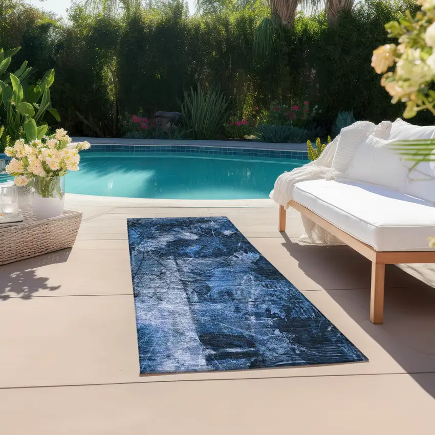 Navy Blue Floral Washable Non Skid Indoor Outdoor Runner Rug Photo 8