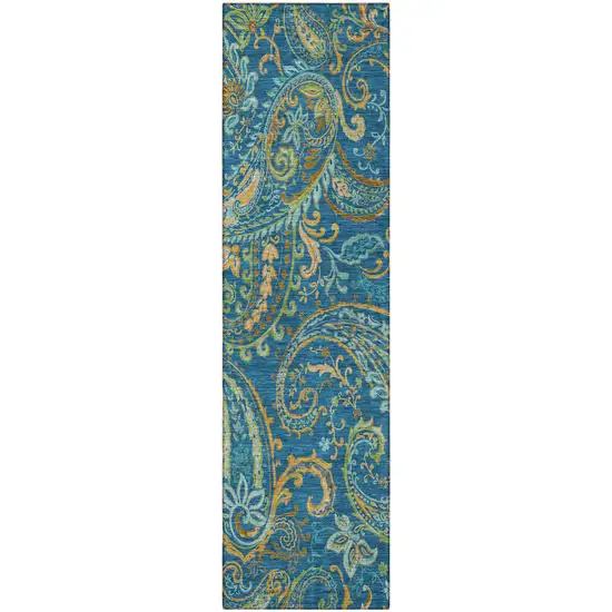 8' Runner Navy Blue Paisley Washable Non Skid Indoor Outdoor Runner Rug Photo 5