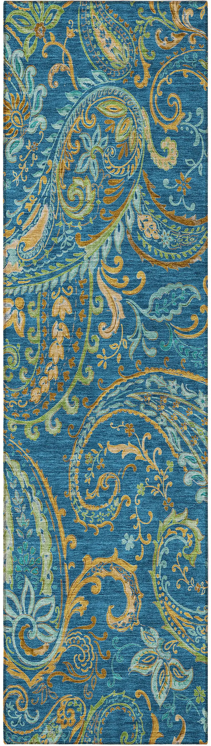 8' Runner Navy Blue Paisley Washable Non Skid Indoor Outdoor Runner Rug Photo 5