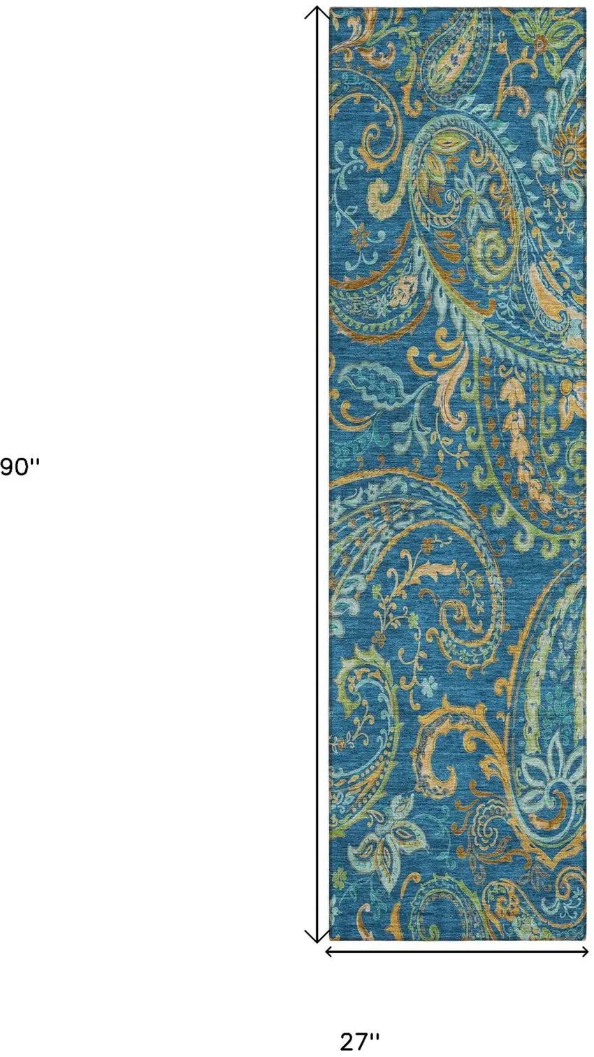 Navy Blue Paisley Washable Non Skid Indoor Outdoor Runner Rug Photo 3