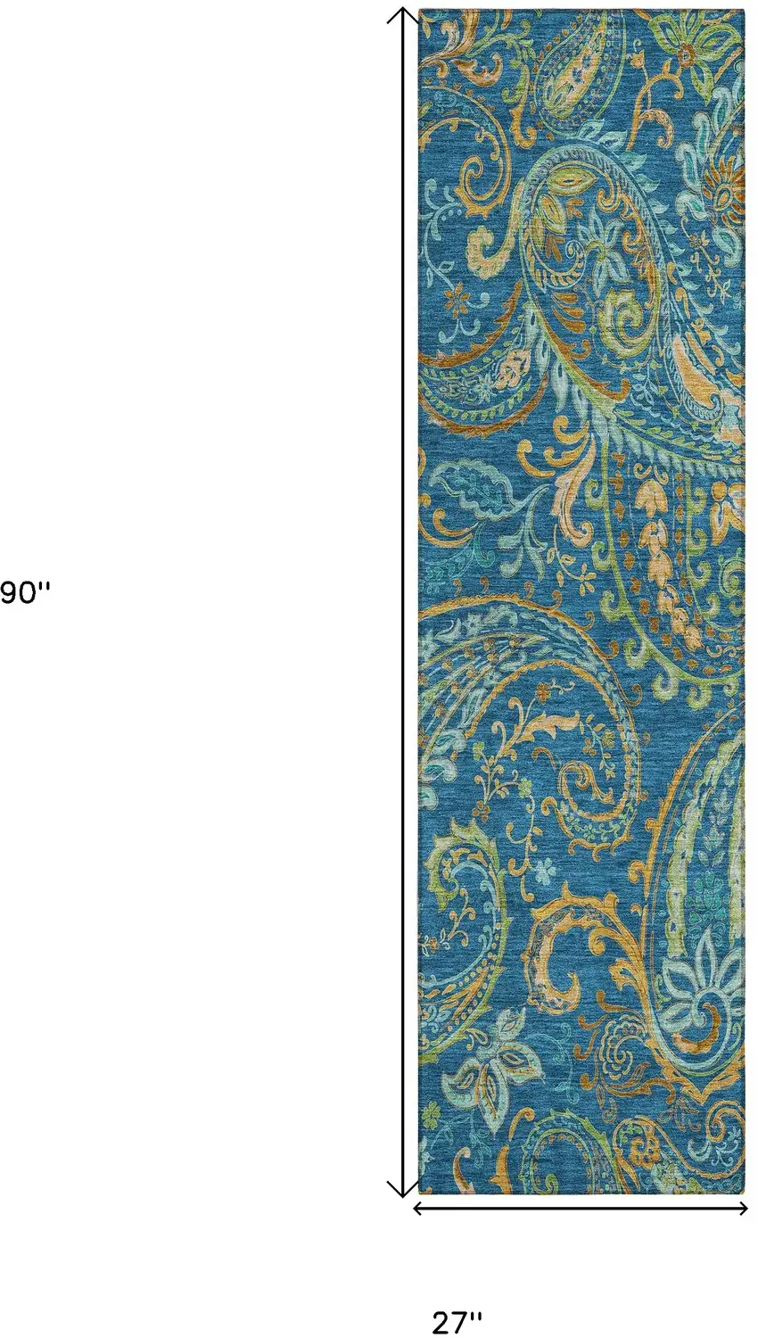 Navy Blue Paisley Washable Non Skid Indoor Outdoor Runner Rug Photo 3