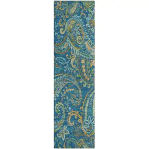 Photo of 8' Runner Navy Blue Paisley Washable Non Skid Indoor Outdoor Runner Rug