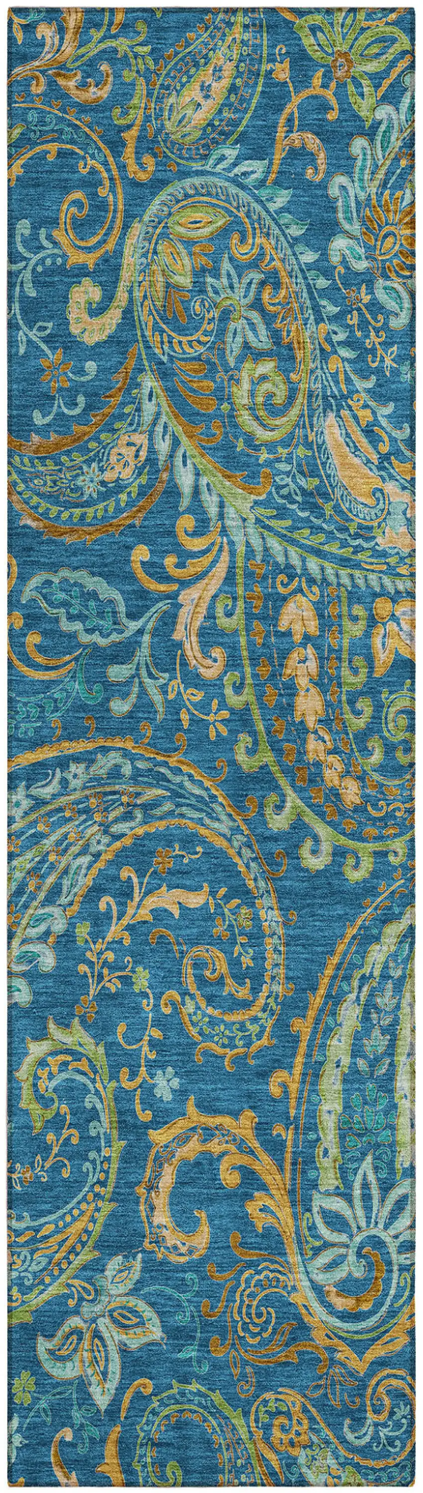 8' Runner Navy Blue Paisley Washable Non Skid Indoor Outdoor Runner Rug Photo 2