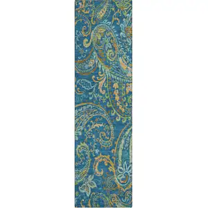 Photo of 8' Runner Navy Blue Paisley Washable Non Skid Indoor Outdoor Runner Rug