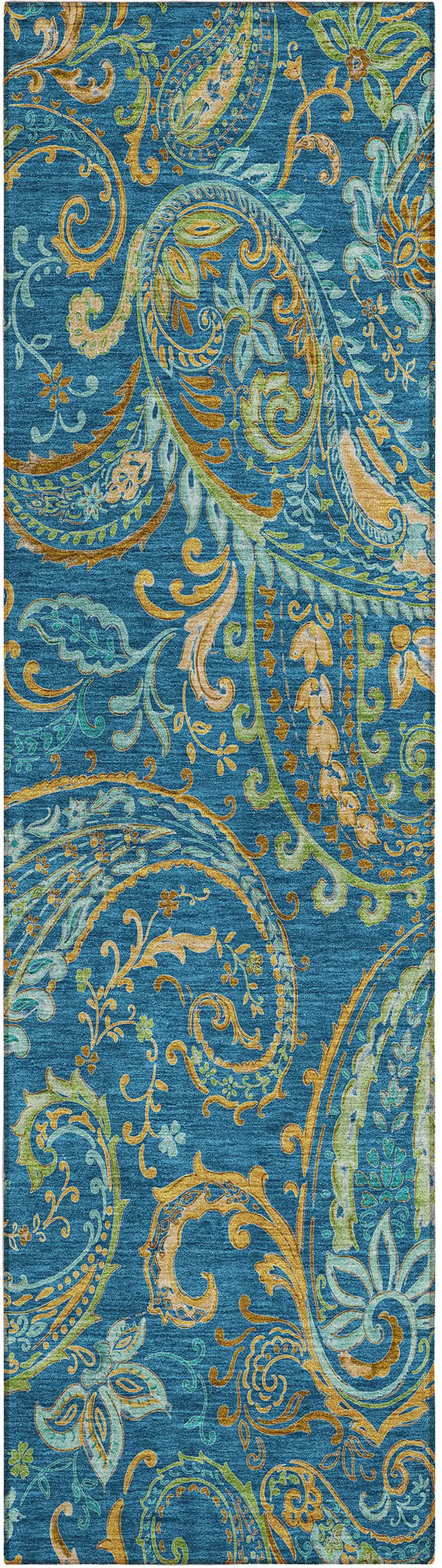 8' Runner Navy Blue Paisley Washable Non Skid Indoor Outdoor Runner Rug Photo 2