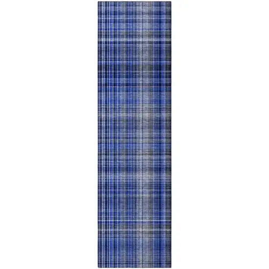 Navy Blue Plaid Washable Non Skid Indoor Outdoor Runner Rug Photo 4