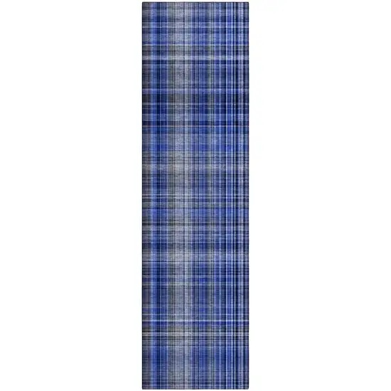 8' Runner Navy Blue Plaid Washable Non Skid Indoor Outdoor Runner Rug Photo 2