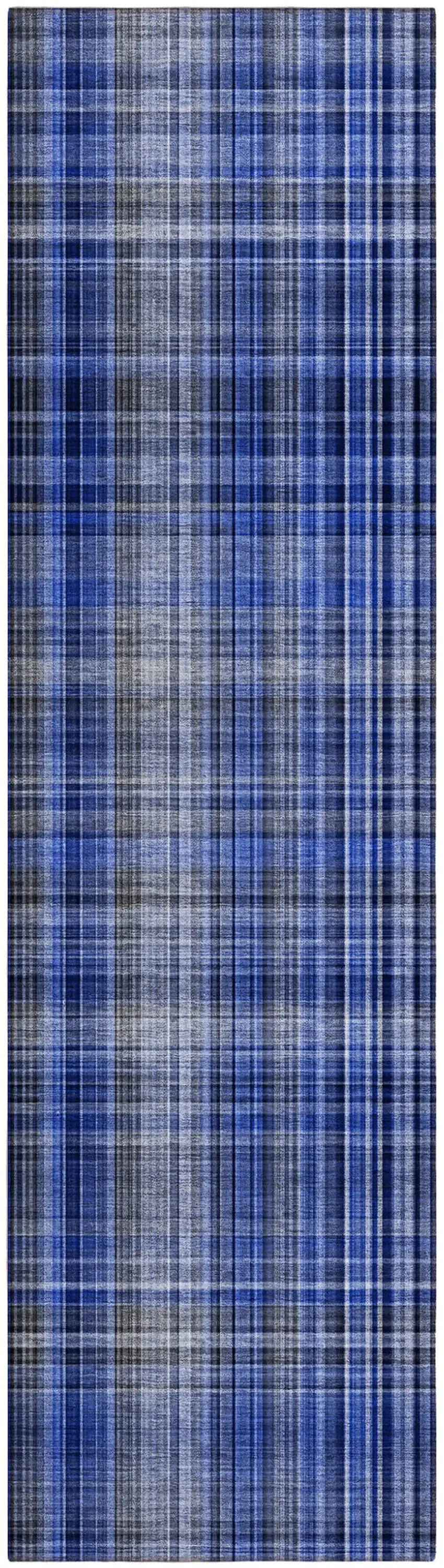 8' Runner Navy Blue Plaid Washable Non Skid Indoor Outdoor Runner Rug Photo 2