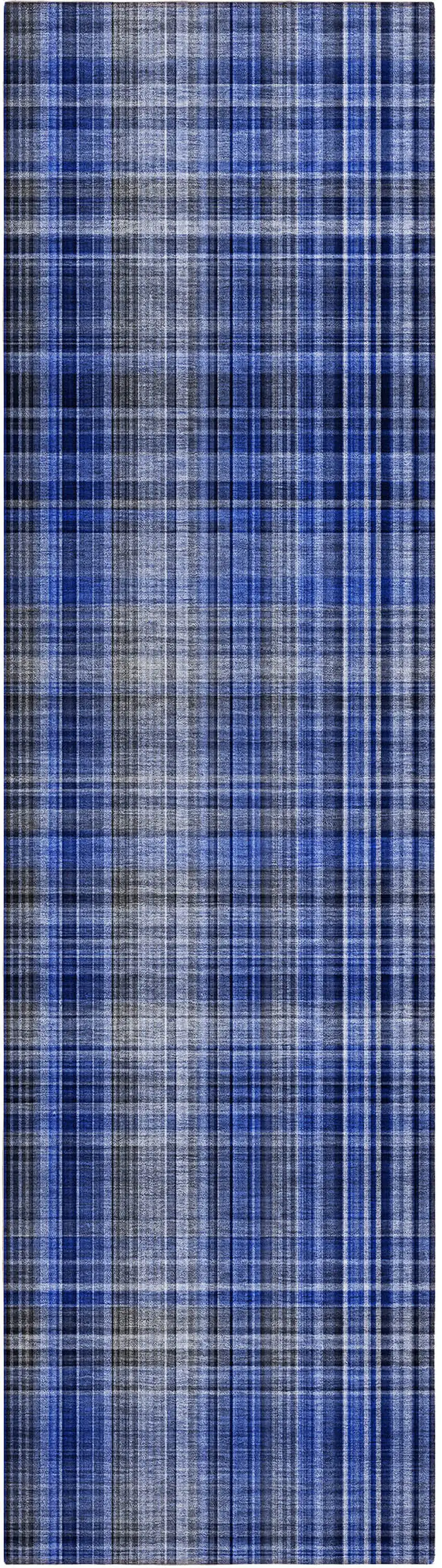 8' Runner Navy Blue Plaid Washable Non Skid Indoor Outdoor Runner Rug Photo 2