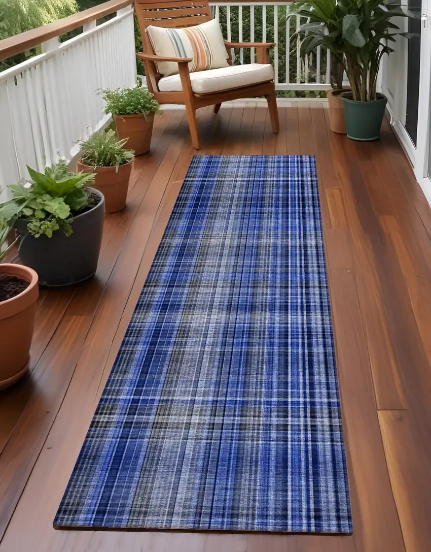 8' Runner Navy Blue Plaid Washable Non Skid Indoor Outdoor Runner Rug Photo 1