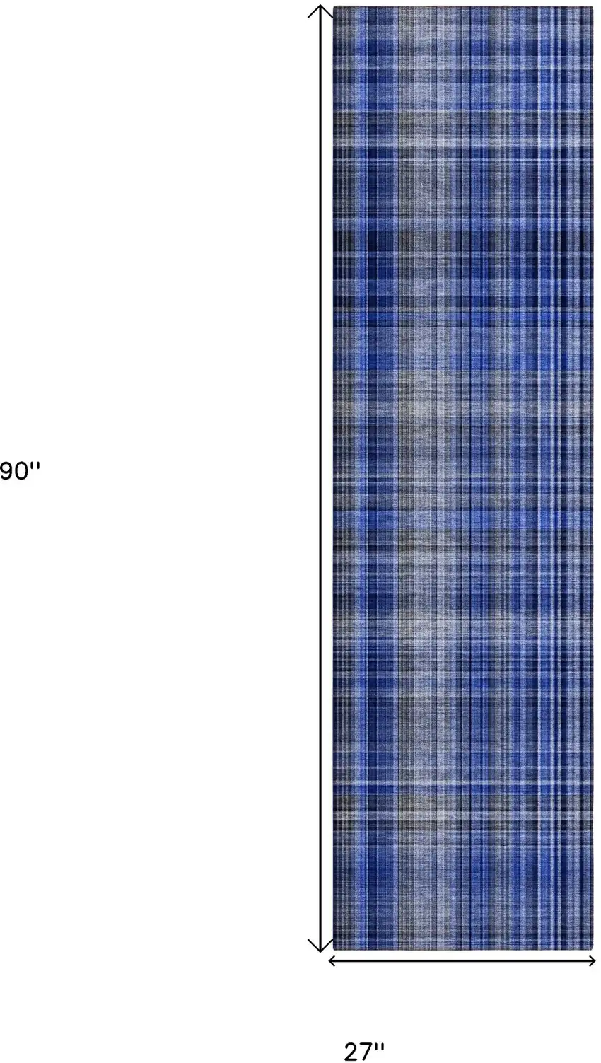 8' Runner Navy Blue Plaid Washable Non Skid Indoor Outdoor Runner Rug Photo 3