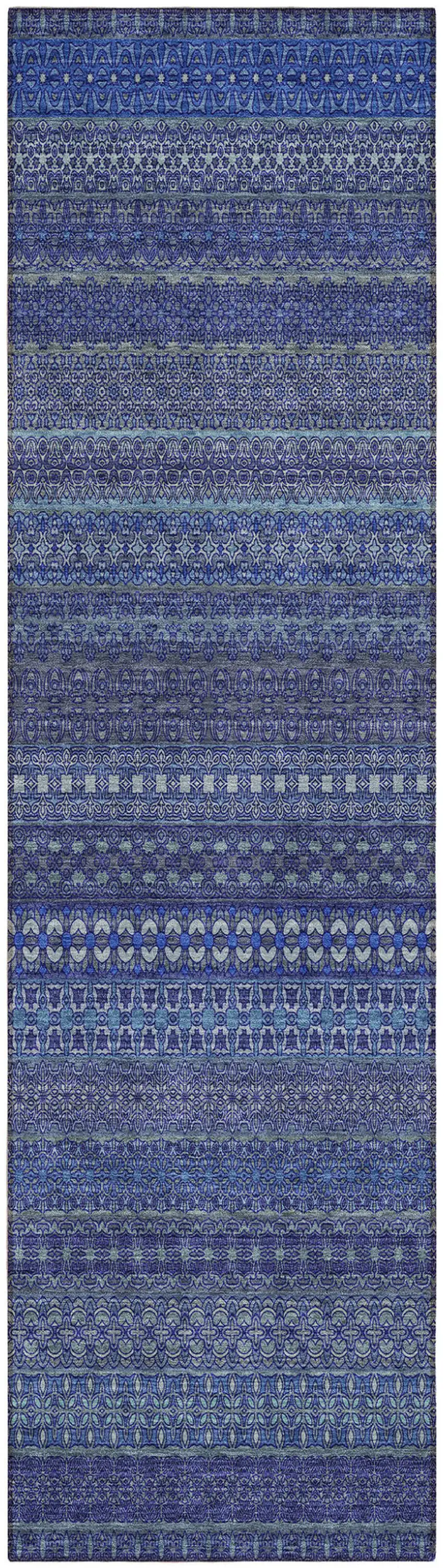 Navy Blue Striped Washable Indoor Outdoor Runner Rug Photo 2