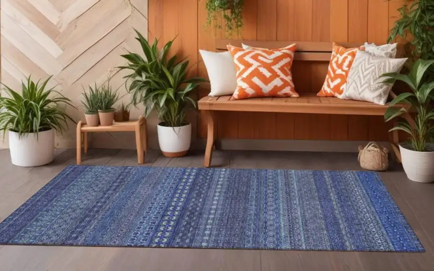 Navy Blue Striped Washable Indoor Outdoor Runner Rug Photo 1