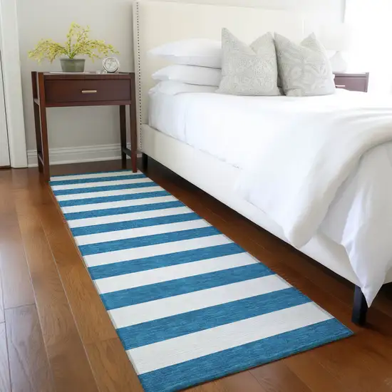 Navy Blue Striped Washable Non Skid Indoor Outdoor Runner Rug Photo 9